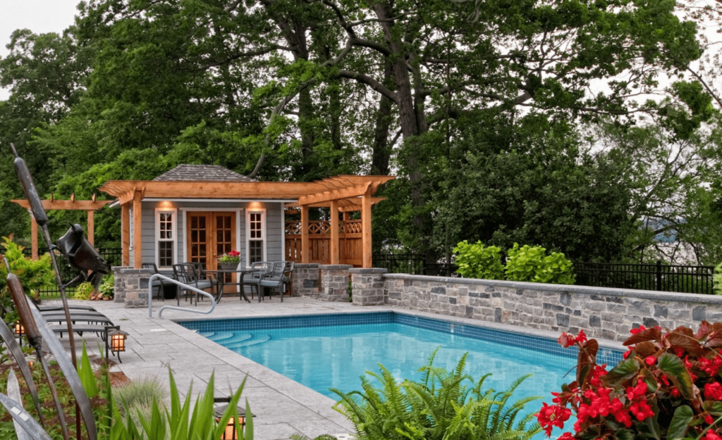 A pool house designed and constructed by Wentworth Construction.
