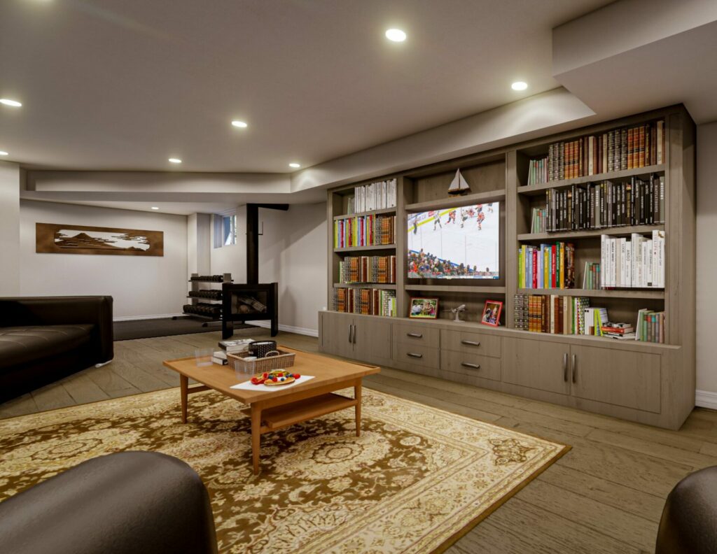 A 3D render image of a basement renovation design by Wentworth Construction.
